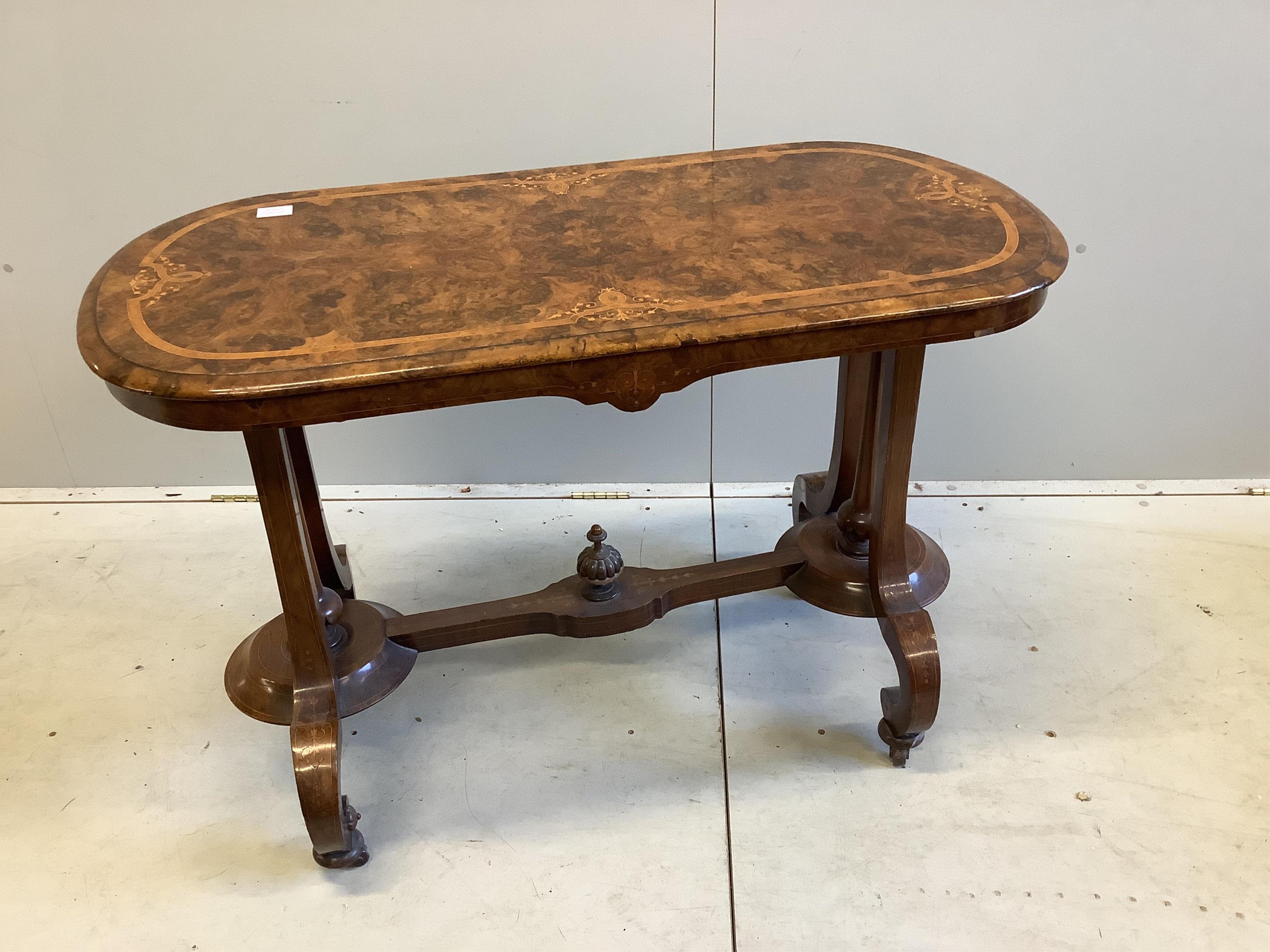 A Victorian inlaid burr walnut rectangular centre table, width 104cm, depth 54cm, height 72cm. Condition - fair to good